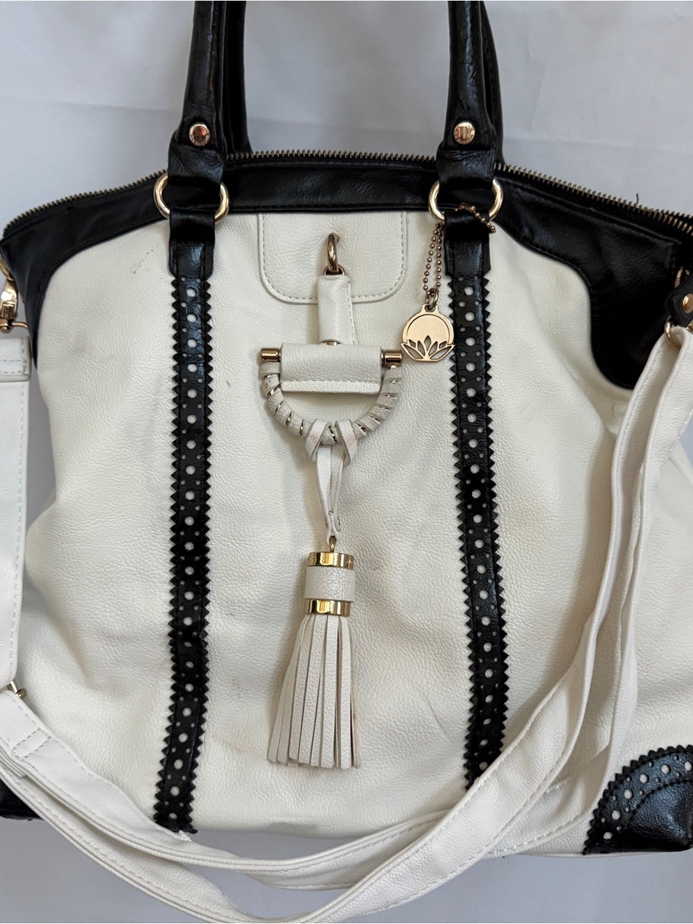 Big Buddha White and Black Tassel Tote